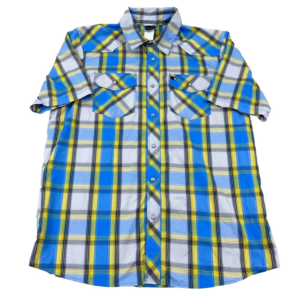 North Face Shirt Men Medium Blue Pearl Snap Button Up‎ Plaid Performance Hiking